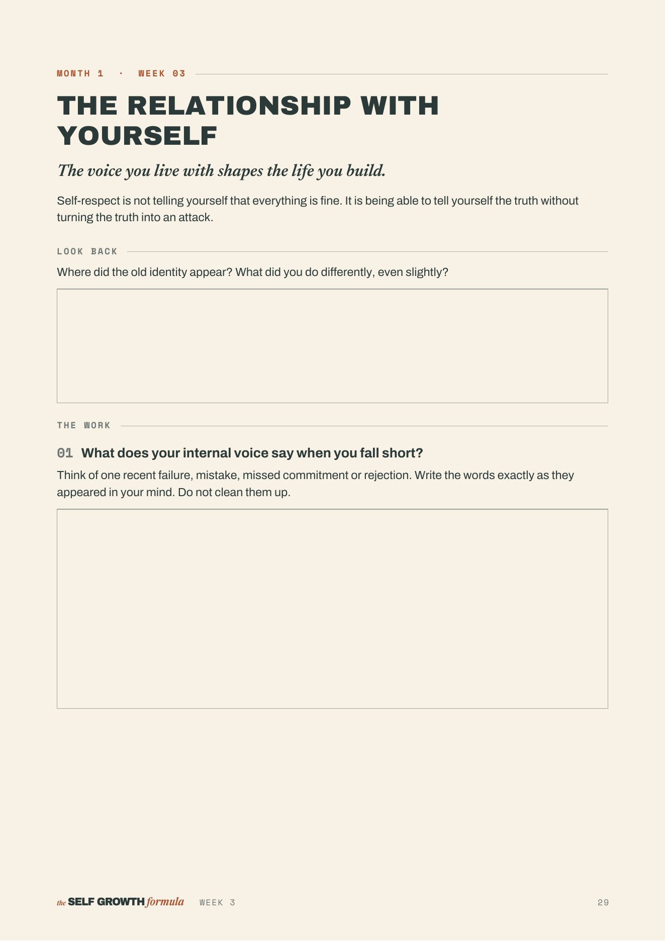 Workbook page: Week 3, The Relationship With Yourself, with the Look Back and Question 1, What does your internal voice say when you fall short?