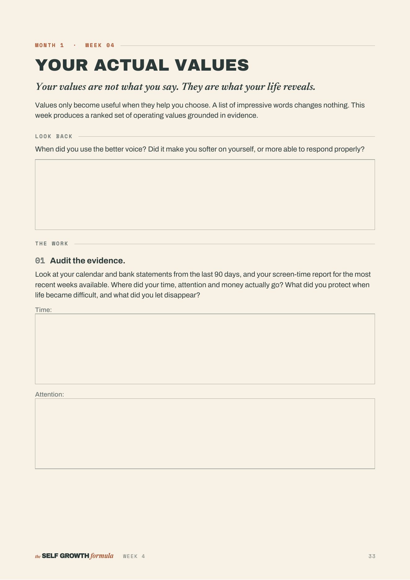 Workbook page: Week 4, Your Actual Values, with the Look Back and Question 1, Audit the evidence, covering your time, attention and money